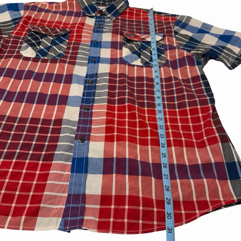 Plaid Button Up Shirt Patchwork Short Sleeve Dual… - image 5